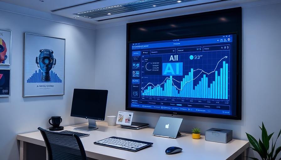 Modern office with AI automation dashboard showing business analytics and growth charts