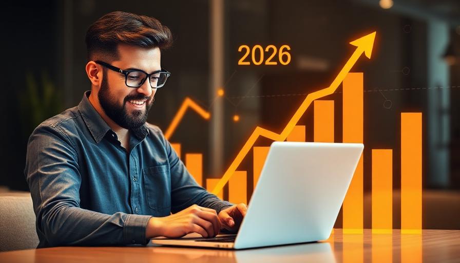 Small business owner working on laptop with AI-powered growth analytics and upward trending charts in 2026
