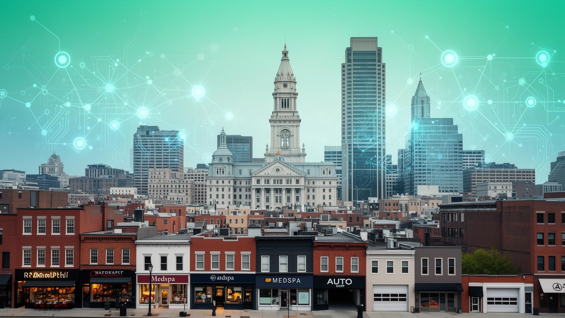 Philadelphia skyline with AI network overlay and small business storefronts including medspa and auto shop