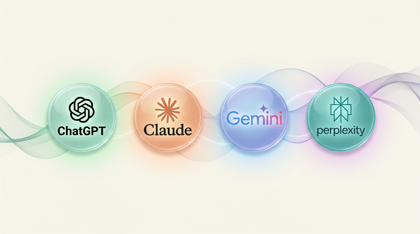 Four colorful geometric orbs representing ChatGPT, Claude, Gemini, and Perplexity AI tools connected by flowing light ribbons